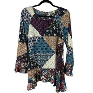 Figueroa & Flower Boho Patchwork Ruffle Long Sleeve Tunic Top Large Multicolour